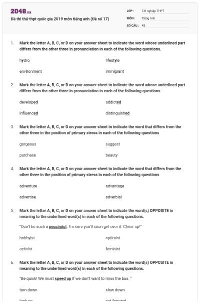 Đề thi thử thpt quốc gia 2019 môn tiếng anh (Đề số 17)
