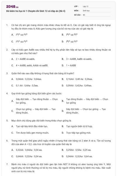 Đề kiểm tra học kì 1 Chuyên đề Sinh 12 có đáp án (Đề 4)