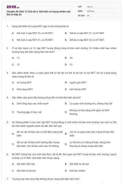 Chuyên đề Sinh 12 Chủ đề 6: Đột biến số lượng nhiễm sắc thể có đáp án