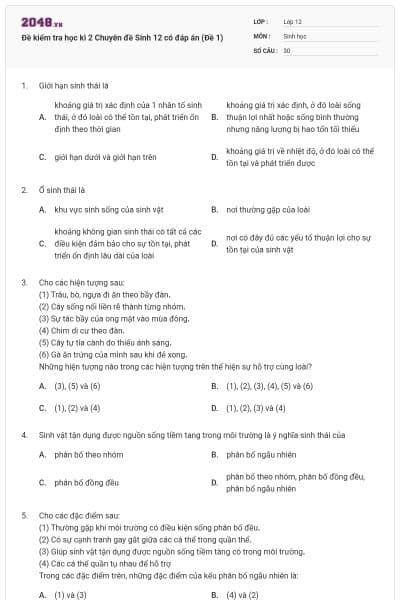 Đề kiểm tra học kì 2 Chuyên đề Sinh 12 có đáp án (Đề 1)