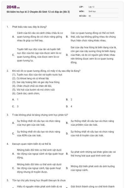 Đề kiểm tra học kì 2 Chuyên đề Sinh 12 có đáp án (Đề 3)