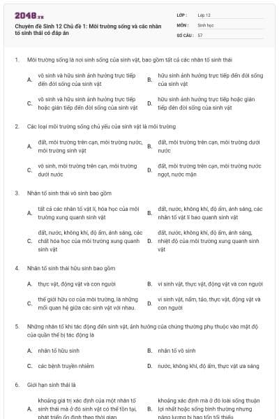Chuyên đề Sinh 12 Chủ đề 1: Môi trường sống và các nhân tố sinh thái có đáp án
