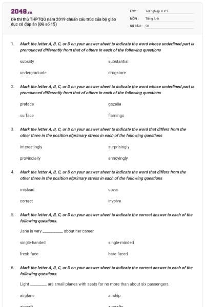 Đề thi thử THPTQG năm 2019 chuẩn cấu trúc của bộ giáo dục có đáp án (Đề số 15)
