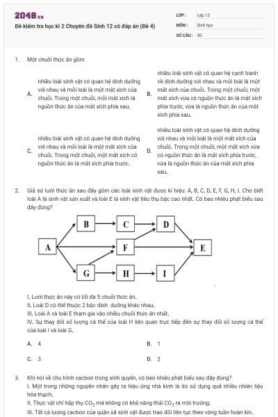 Đề kiểm tra học kì 2 Chuyên đề Sinh 12 có đáp án (Đề 4)