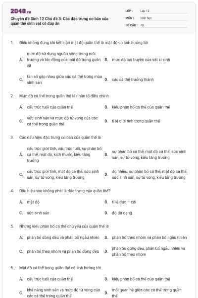 Chuyên đề Sinh 12 Chủ đề 3: Các đặc trưng cơ bản của quần thể sinh vật có đáp án