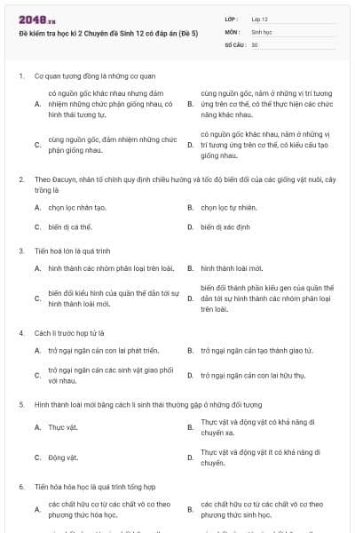 Đề kiểm tra học kì 2 Chuyên đề Sinh 12 có đáp án (Đề 5)