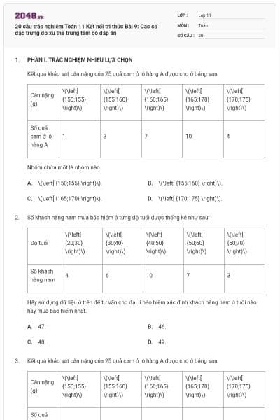 20 câu trắc nghiệm Toán 11 Kết nối tri thức Bài 9: Các số đặc trưng đo xu thế trung tâm có đáp án