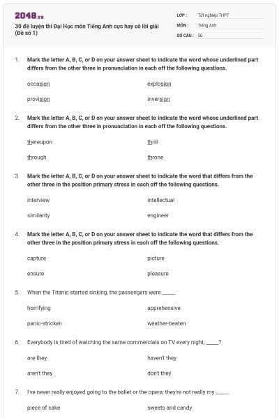 30 đề luyện thi Đại Học môn Tiếng Anh cực hay có lời giải (Đề số 1)