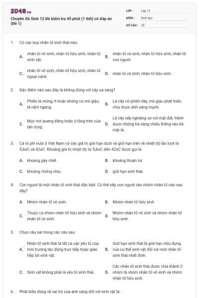 Chuyên đề Sinh 12 Đề kiểm tra 45 phút (1 tiết) có đáp án (Đề 1)