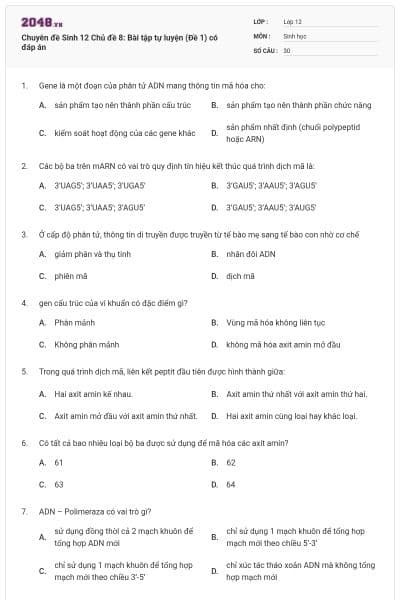 Chuyên đề Sinh 12 Chủ đề 8: Bài tập tự luyện (Đề 1) có đáp án