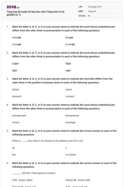 Tổng hợp đề luyện thi Đại Học môn Tiếng Anh có lời giải(Đề số 1)