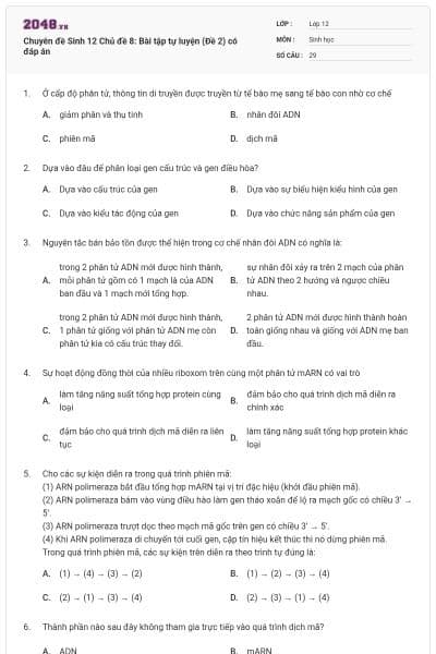 Chuyên đề Sinh 12 Chủ đề 8: Bài tập tự luyện (Đề 2) có đáp án