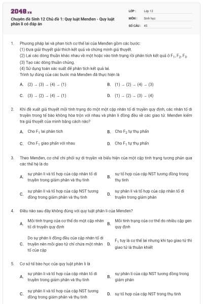 Chuyên đề Sinh 12 Chủ đề 1: Quy luật Menđen - Quy luật phân li có đáp án