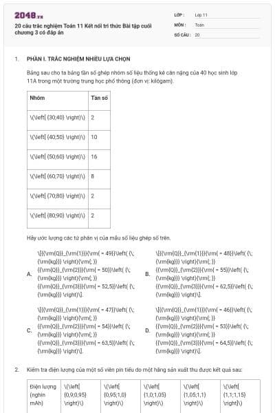 20 câu trắc nghiệm Toán 11 Kết nối tri thức Bài tập cuối chương 3 có đáp án