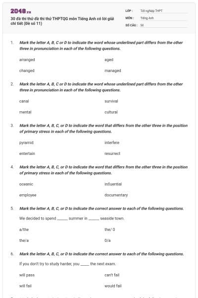 30 đề thi thử đề thi thử THPTQG môn Tiếng Anh có lời giải chi tiết (Đề số 11)