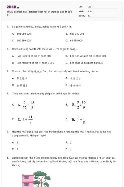 Bộ 20 đề cuối kì 2 Toán lớp 4 Kết nối tri thức có đáp án (Đề 11)