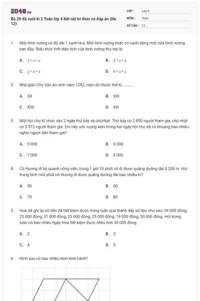 Bộ 20 đề cuối kì 2 Toán lớp 4 Kết nối tri thức có đáp án (Đề 12)