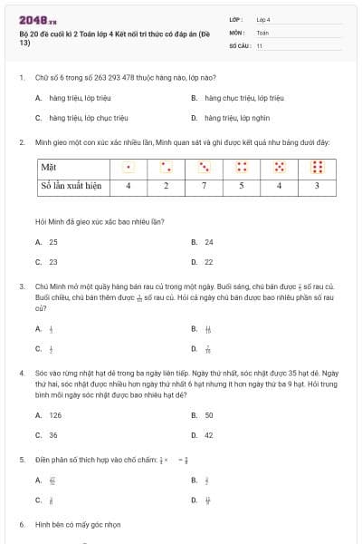 Bộ 20 đề cuối kì 2 Toán lớp 4 Kết nối tri thức có đáp án (Đề 13)
