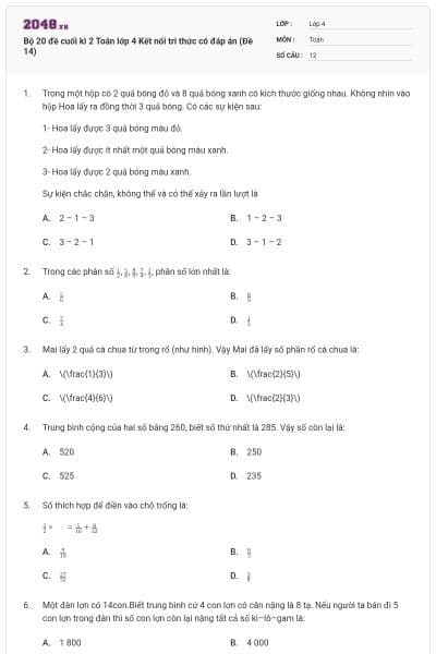 Bộ 20 đề cuối kì 2 Toán lớp 4 Kết nối tri thức có đáp án (Đề 14)