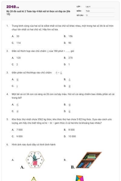 Bộ 20 đề cuối kì 2 Toán lớp 4 Kết nối tri thức có đáp án (Đề 15)