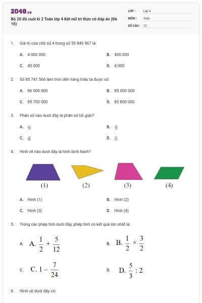 Bộ 20 đề cuối kì 2 Toán lớp 4 Kết nối tri thức có đáp án (Đề 16)