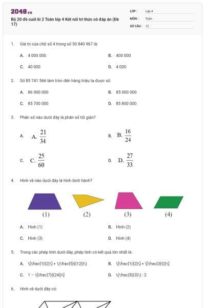Bộ 20 đề cuối kì 2 Toán lớp 4 Kết nối tri thức có đáp án (Đề 17)