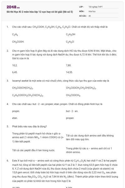 Đề thi Học Kì 2 môn hóa lớp 12 cực hay có lời giải (Đề số 5)