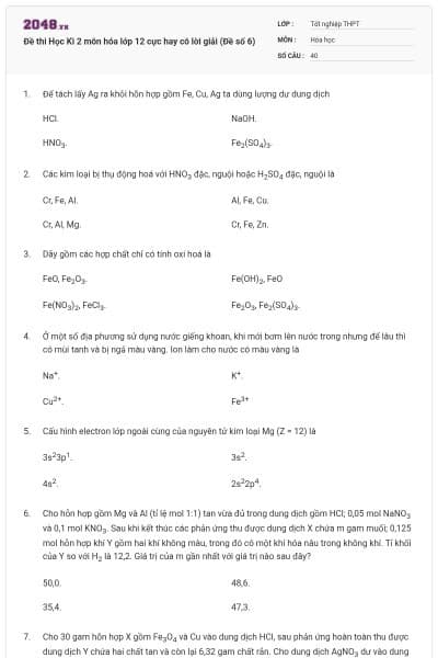 Đề thi Học Kì 2 môn hóa lớp 12 cực hay có lời giải (Đề số 6)