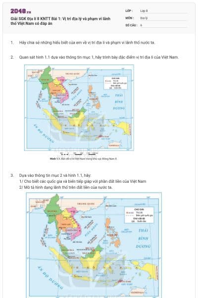 Giải SGK Địa lí 8 KNTT Bài 1: Vị trí địa lý và phạm vi lãnh thổ Việt Nam có đáp án