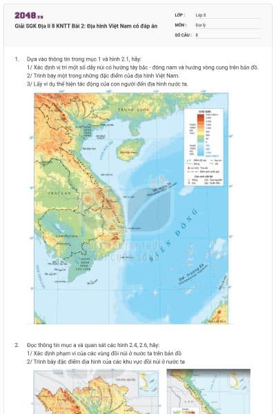 Giải SGK Địa lí 8 KNTT Bài 2: Địa hình Việt Nam có đáp án