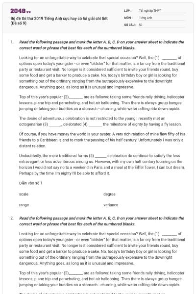 Bộ đề thi thử 2019 Tiếng Anh cực hay có lời giải chi tiết (Đề số 9)