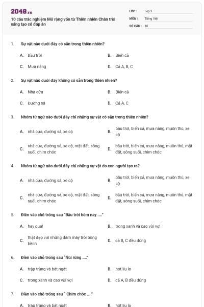 10 câu trắc nghiệm Mở rộng vốn từ Thiên nhiên Chân trời sáng tạo có đáp án