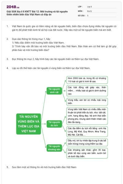 Giải SGK Địa lí 8 KNTT Bài 12: Môi trường và tài nguyên thiên nhiên biển đảo Việt Nam có đáp án