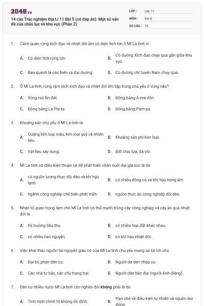 14 câu Trắc nghiệm Địa Lí 11 Bài 5 (có đáp án): Một số vấn đề của châu lục và khu vực (Phần 2)