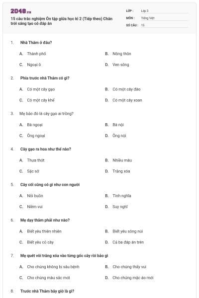 15 câu trắc nghiệm Ôn tập giữa học kì 2 (Tiếp theo) Chân trời sáng tạo có đáp án