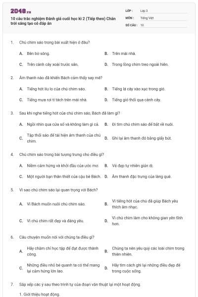 10 câu trắc nghiệm Đánh giá cuối học kì 2 (Tiếp theo) Chân trời sáng tạo có đáp án