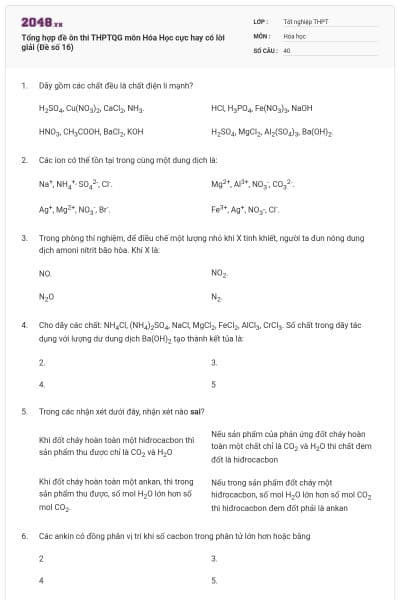Tổng hợp đề ôn thi THPTQG môn Hóa Học cực hay có lời giải (Đề số 16)
