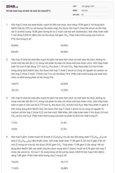 50 bài toán hay và khó về este đa chức(P1)