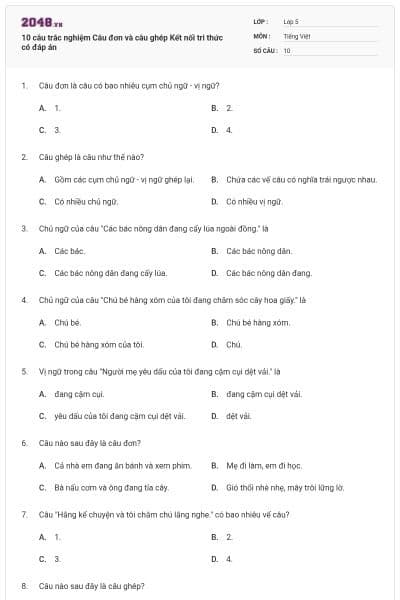 10 câu trắc nghiệm Câu đơn và câu ghép Kết nối tri thức có đáp án