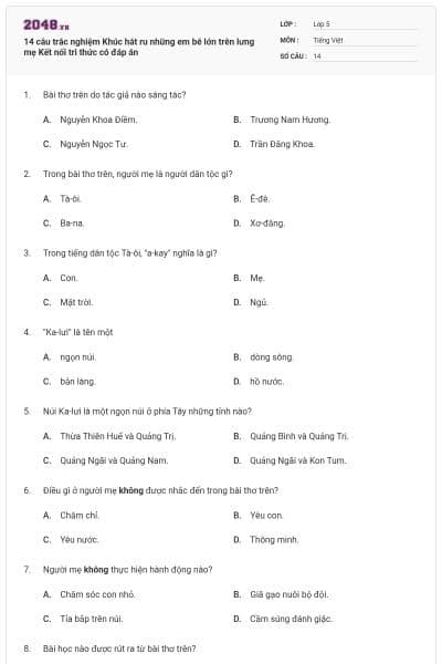 14 câu trắc nghiệm Khúc hát ru những em bé lớn trên lưng mẹ Kết nối tri thức có đáp án