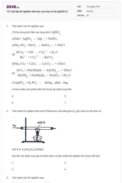 121 bài tập thí nghiệm Hóa học cực hay có lời giải(đề 2)