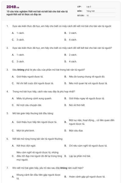 10 câu trắc nghiệm Viết mở bài và kết bài cho bài văn tả người Kết nối tri thức có đáp án