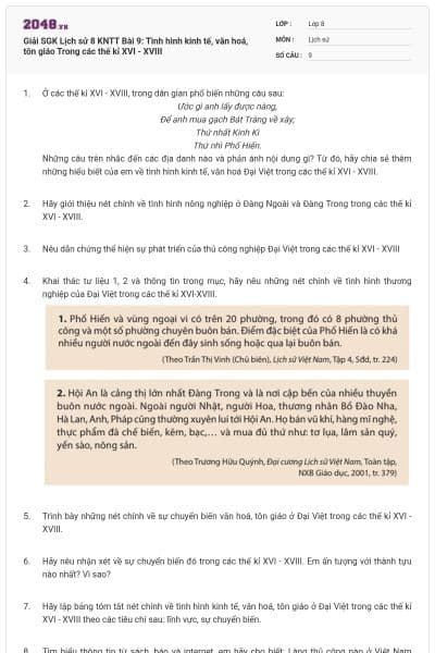 Giải SGK Lịch sử 8 KNTT Bài 9: Tình hình kinh tế, văn hoá, tôn giáo Trong các thế kỉ XVI - XVIII