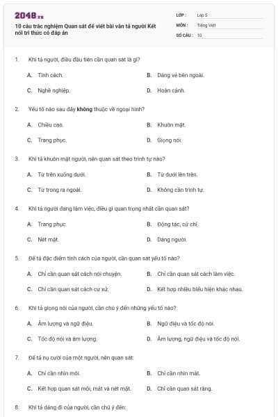 10 câu trắc nghiệm Quan sát để viết bài văn tả người Kết nối tri thức có đáp án