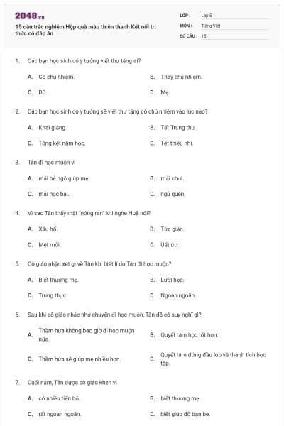 15 câu trắc nghiệm Hộp quà màu thiên thanh Kết nối tri thức có đáp án