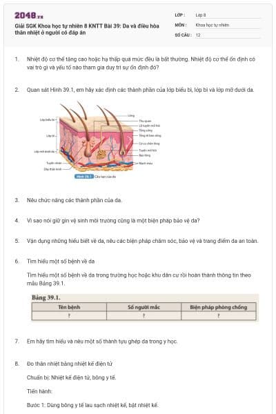 Giải SGK Khoa học tự nhiên 8 KNTT Bài 39: Da và điều hòa thân nhiệt ở người có đáp án