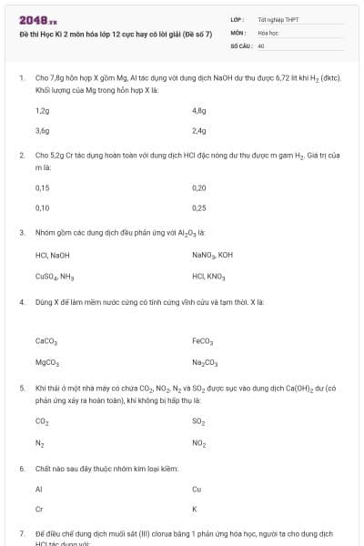 Đề thi Học Kì 2 môn hóa lớp 12 cực hay có lời giải (Đề số 7)