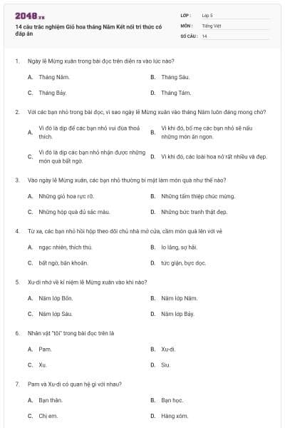 14 câu trắc nghiệm Giỏ hoa tháng Năm Kết nối tri thức có đáp án