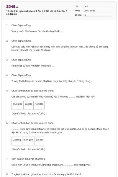 15 câu trắc nghiệm Lịch sử & Địa lí 5 Kết nối tri thức Bài 6 có đáp án