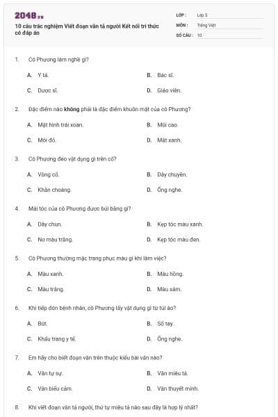 10 câu trắc nghiệm Viết đoạn văn tả người Kết nối tri thức có đáp án